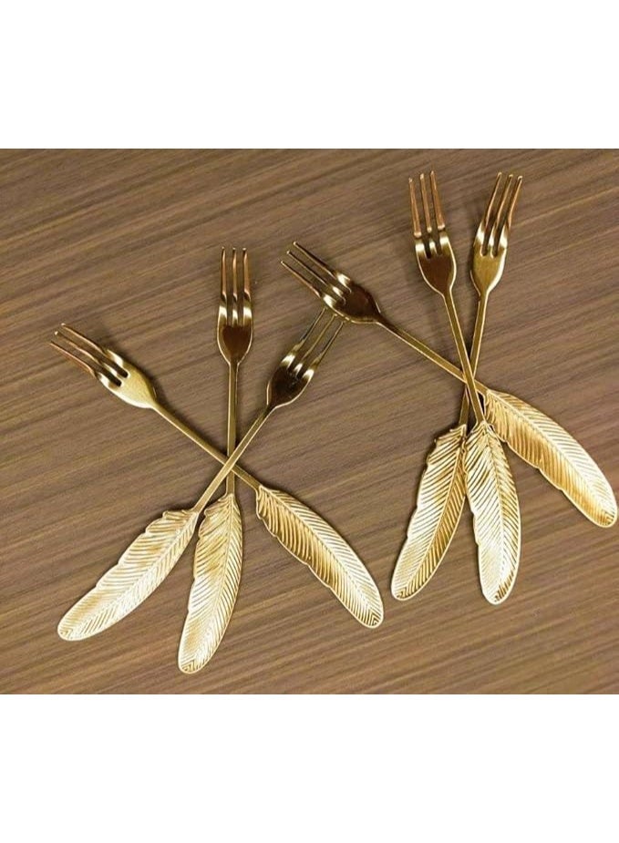 طقم شوك حلويات من الفولاذ المقاوم للصدأ الذهبي بتصميم ريشة، 6 قطع، شوك تقديم أنيقة للكيك والفواكه والحلويات، أدوات مائدة أنيقة للاستخدام اليومي والمناسبات الخاصة. - Image 1